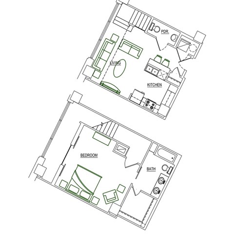 Floor plan for 1 bed, 1 bath, 917 sqft